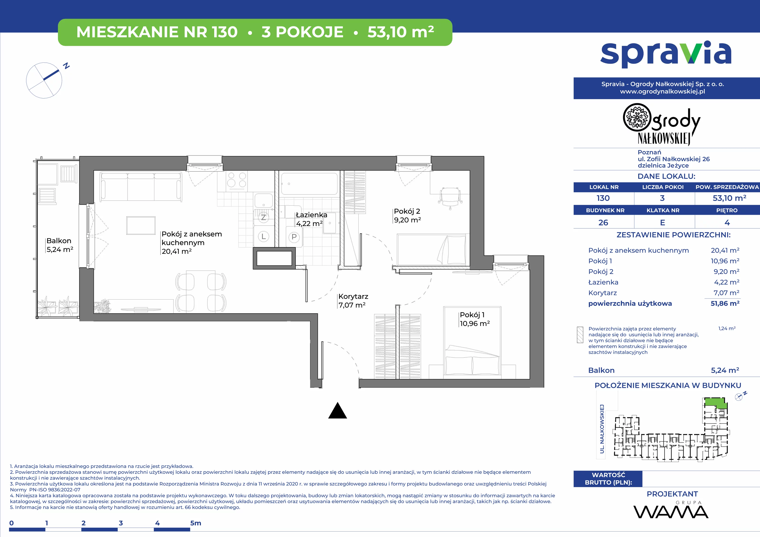 3 pokoje, mieszkanie 53,10 m², piętro 4, oferta nr 26-130, Ogrody Nałkowskiej, Poznań, Ogrody, ul. Nałkowskiej 24, 26